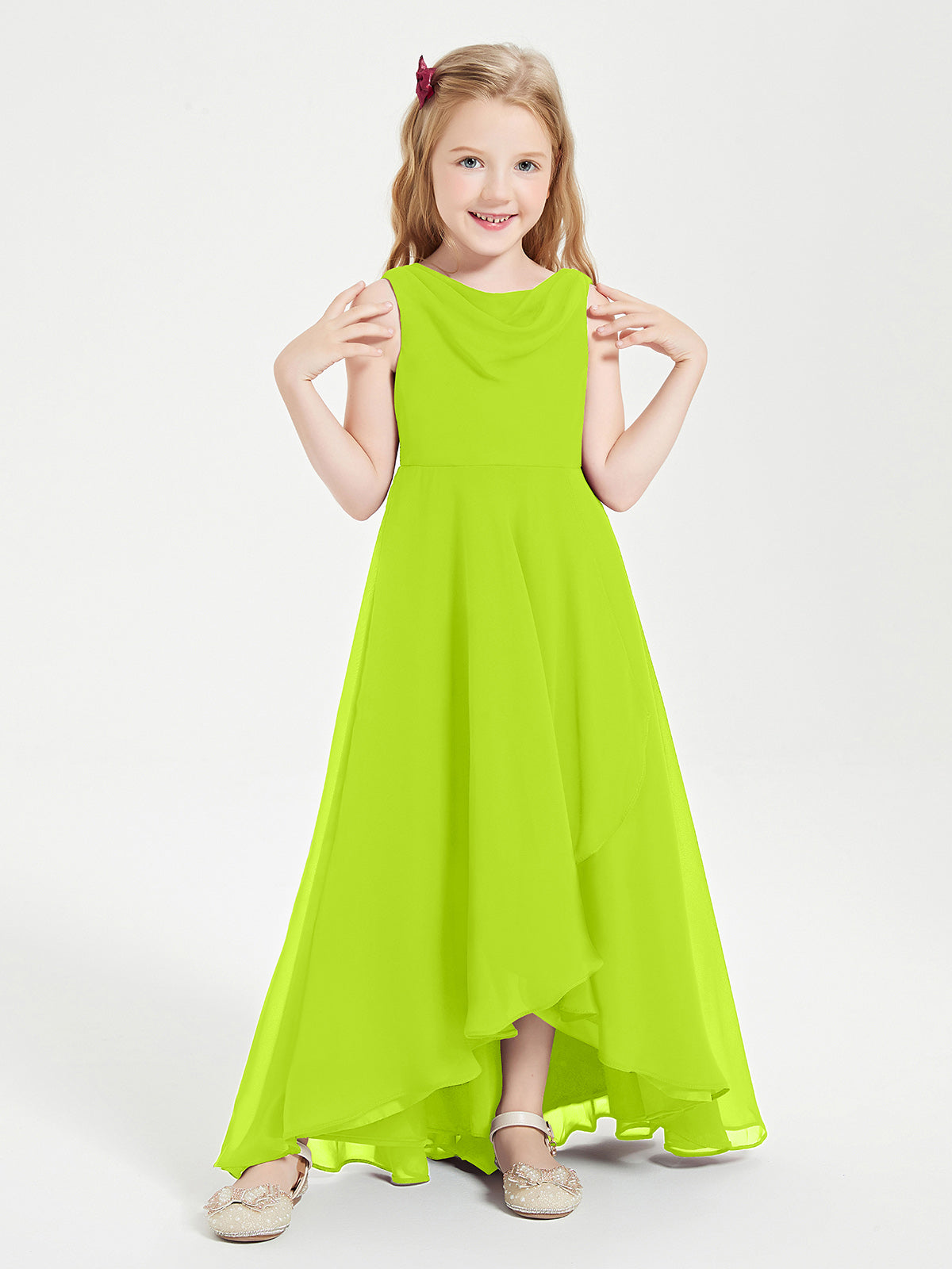 Modern Asymmetrical Cowl Neck Junior Bridesmaid Dresses Lime Green